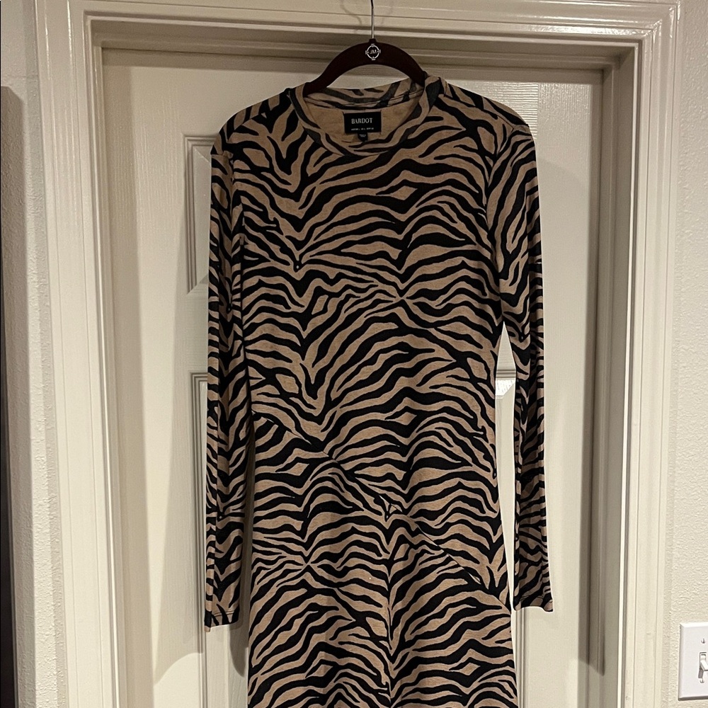 Bardot Long Sleeve Zebra-Print Midi Dress in Beige and Black - Picture 2 of 3